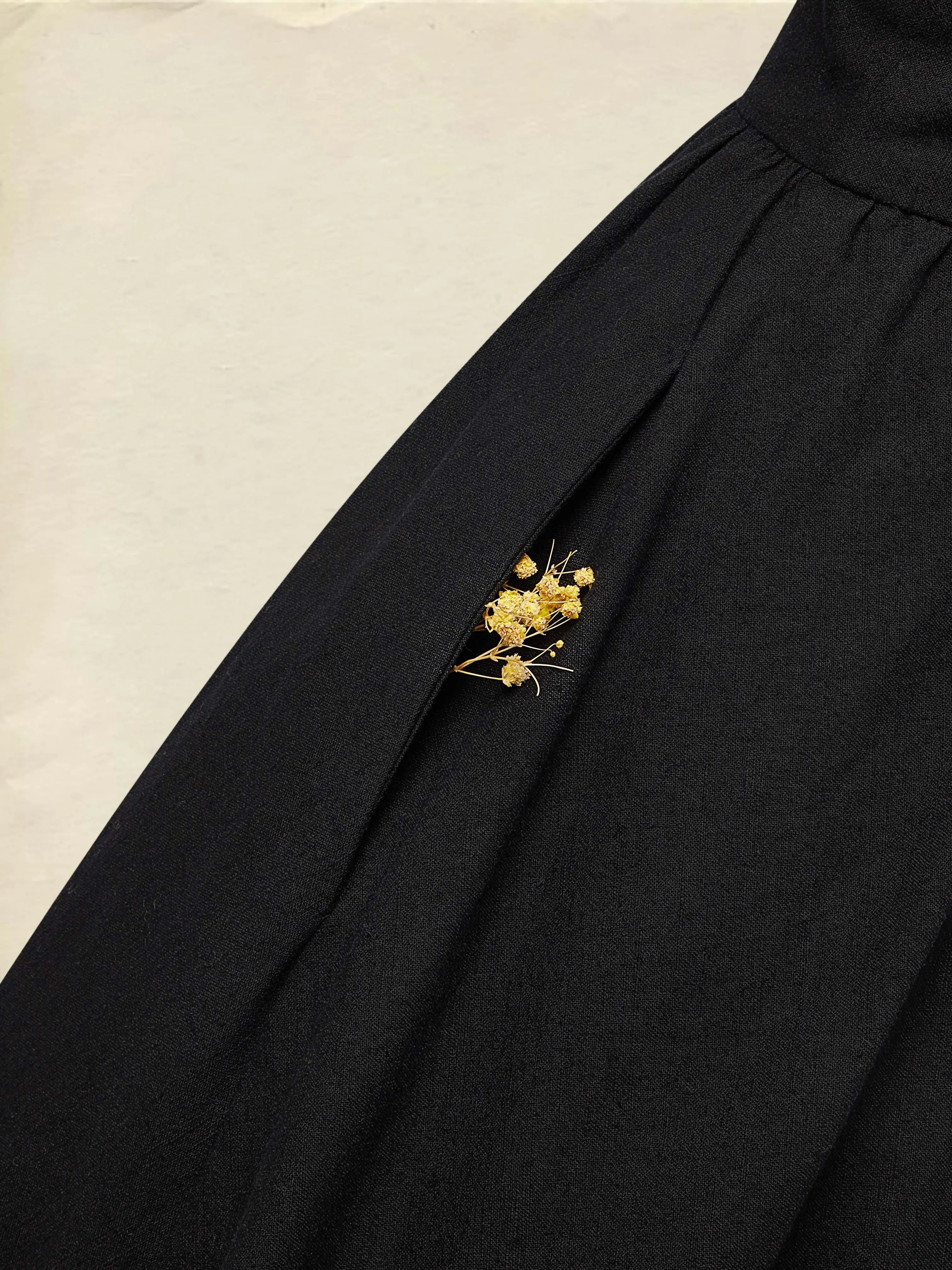 Maxi Linen Dress, Half Sleeve, V Neck, Plain, Button Design, Vintage, Black