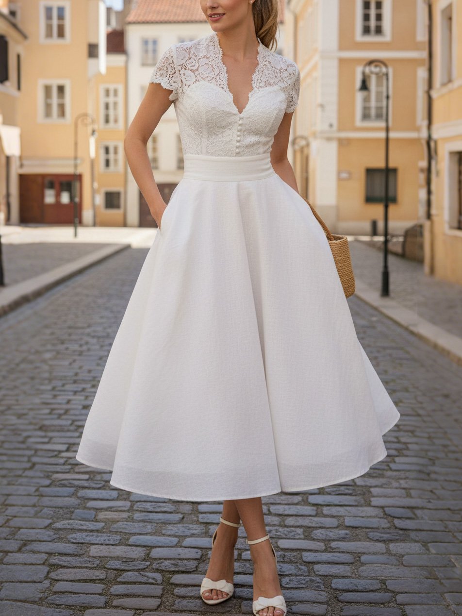 Midi Cotton Dress, Short Sleeves, Plain, Lace, Vacation, Vintage, White