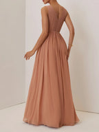 Pink Ruched Prom Dress V Neck Sleeveless A-Line Maxi Bridesmaid Dress