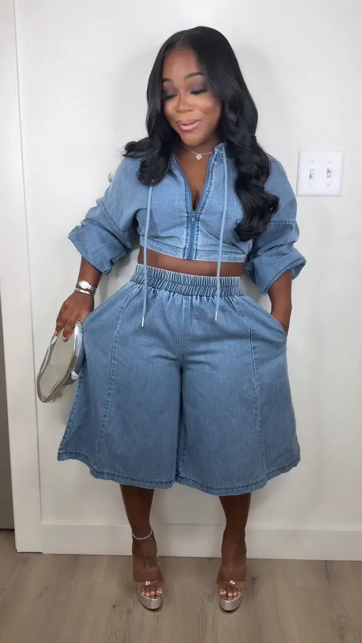Denim Hooded Crop Top & Wide Leg Bermuda Shorts Two Piece Set