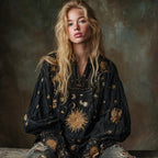 Mysterious Moon Sun V-neck Embroidered Loose Top
