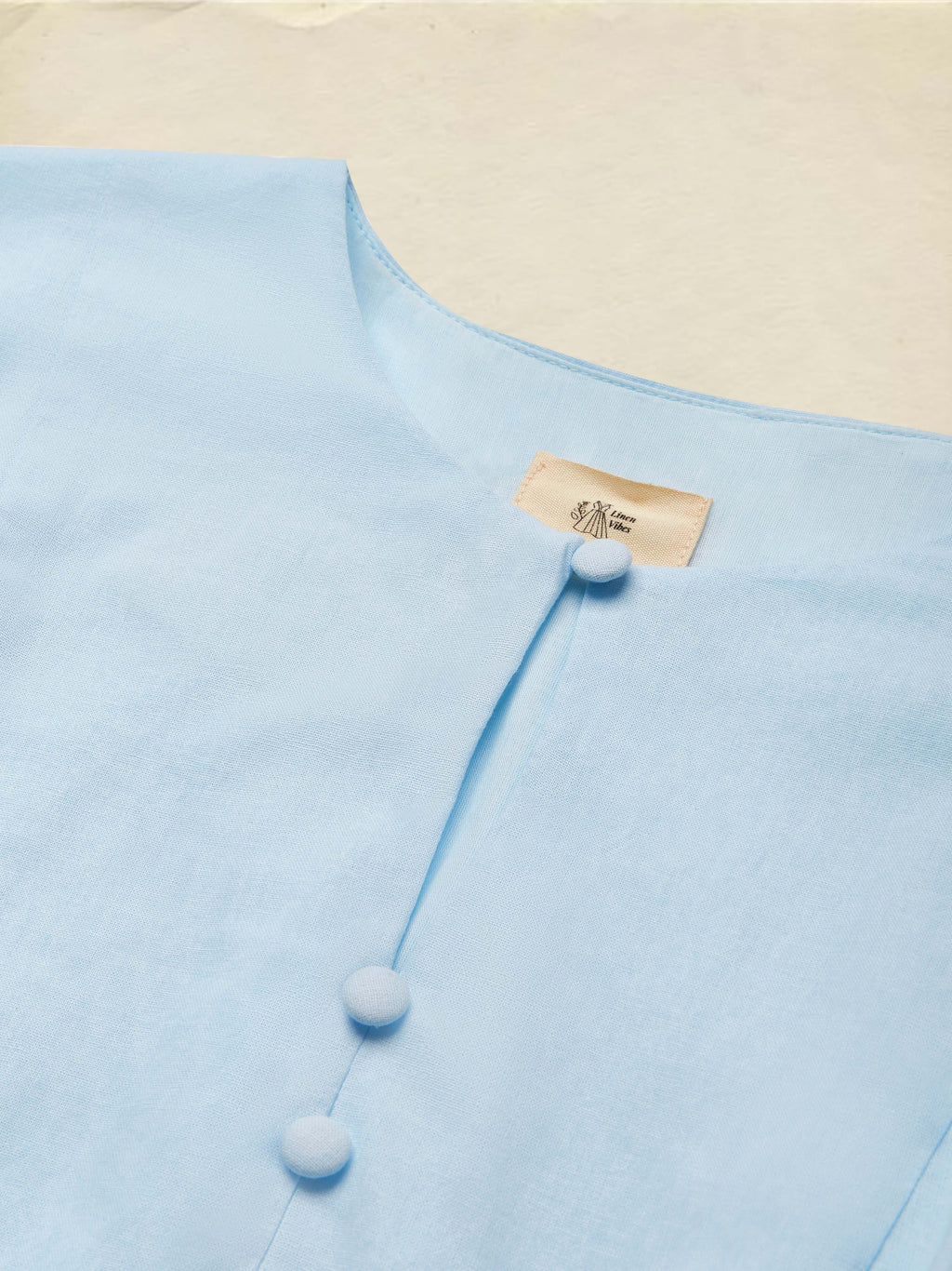 Midi Linen Dress, Crew Collar, Cap Sleeve,  Button Down, Cottagecore, Linen Blend, Blue