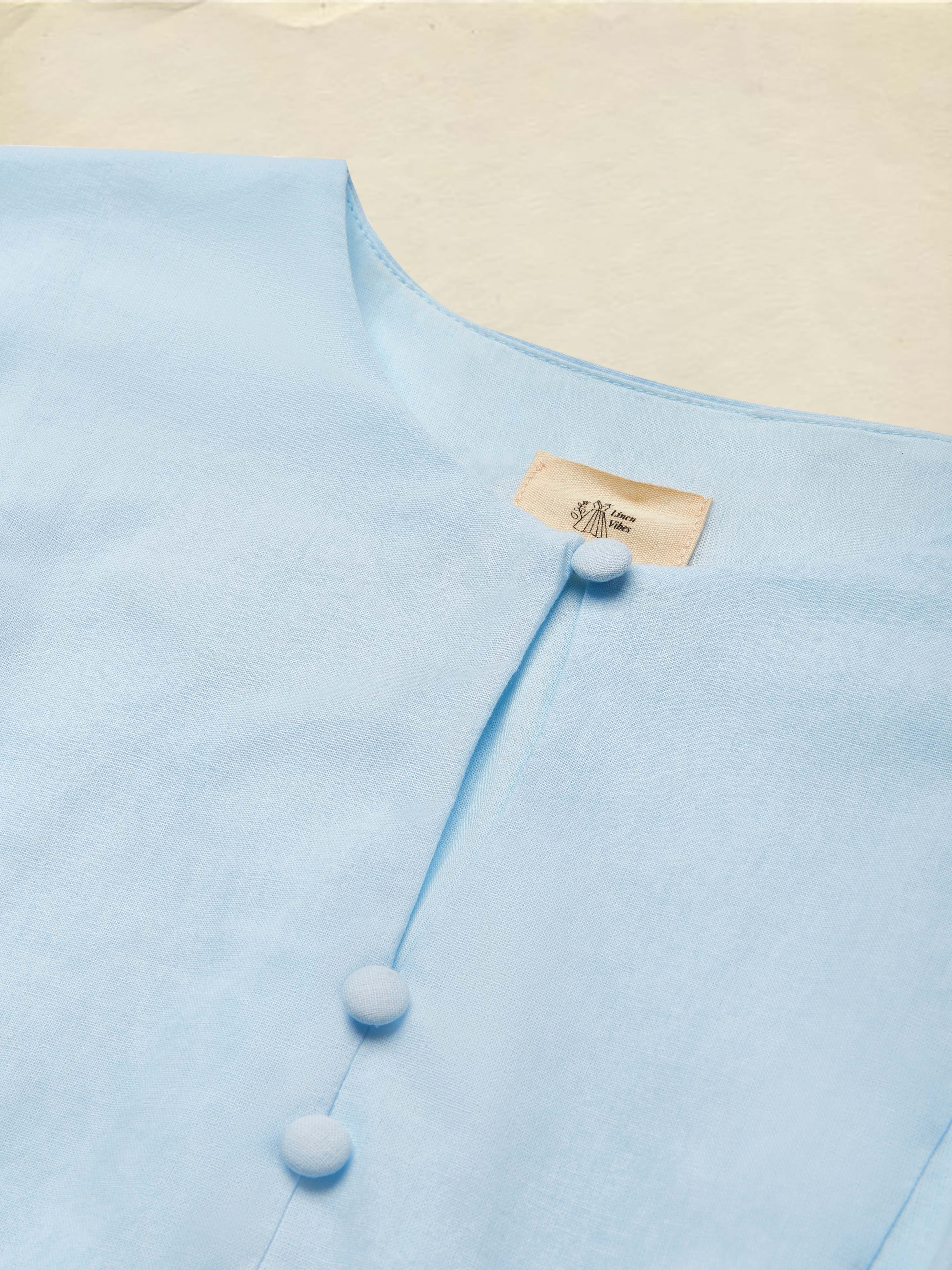 Midi Linen Dress, Crew Collar, Cap Sleeve,  Button Down, Cottagecore, Linen Blend, Blue