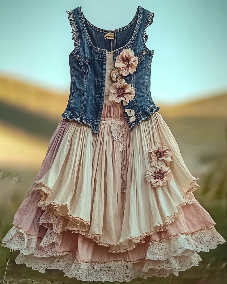 Summer Vacation Ruffle Lace Contrast Color Denim Patchwork Dress  c923