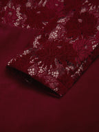 Midi Cotton Dress, Long Sleeves, Round Neck, Floral, Lace, Vintage, Red
