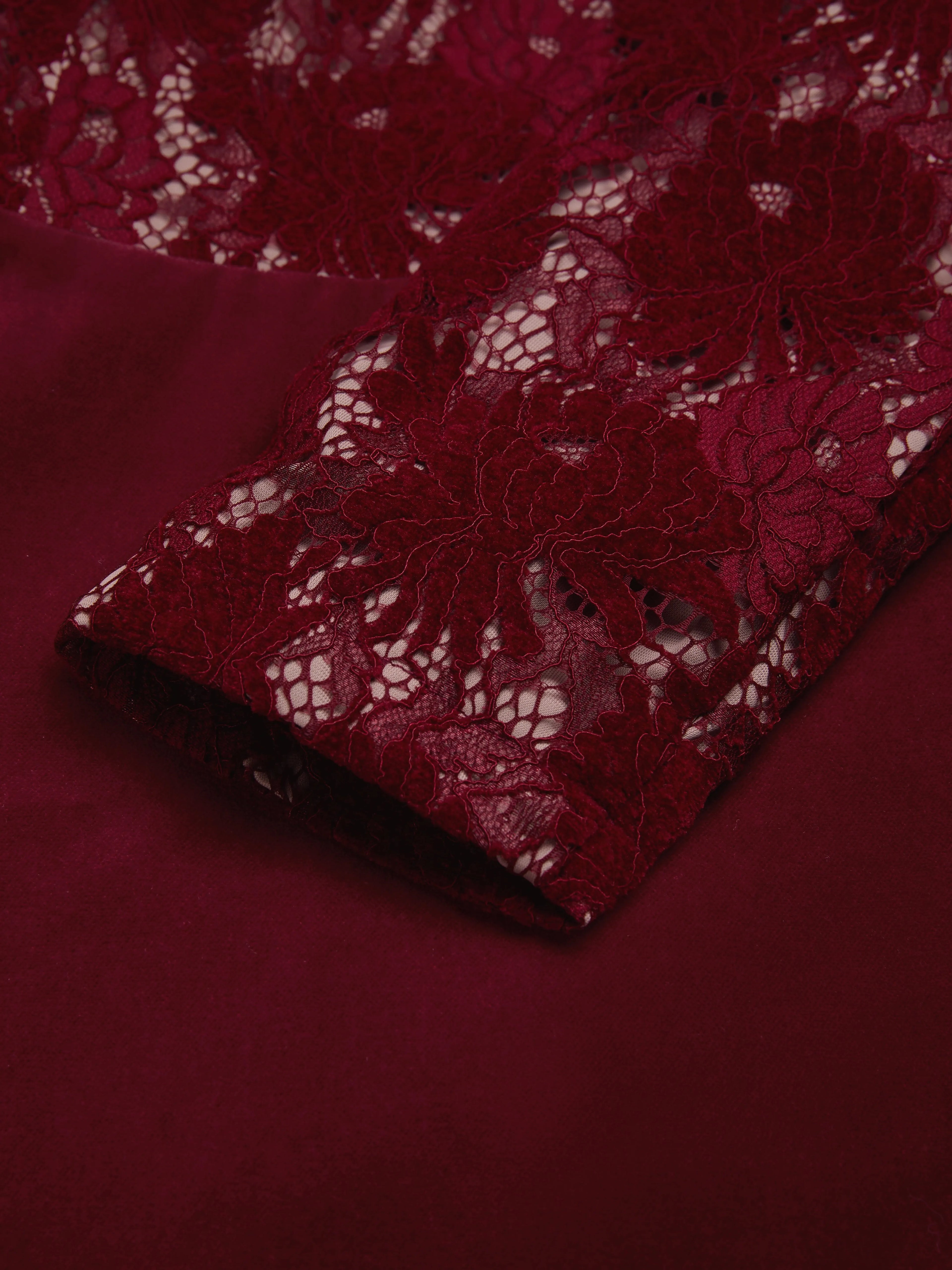 Midi Cotton Dress, Long Sleeves, Round Neck, Floral, Lace, Vintage, Red