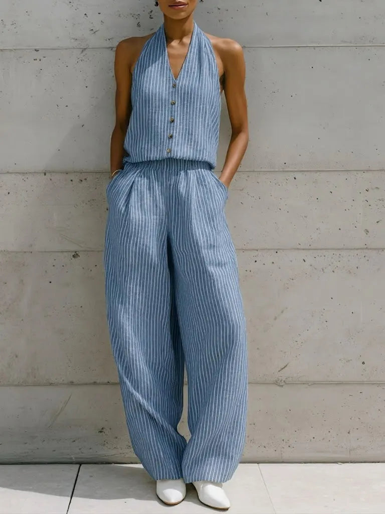 Casual Sleeveless Striped Linen And Cotton Top And Pants Two-piece Set