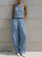 Casual Sleeveless Striped Linen And Cotton Top And Pants Two-piece Set