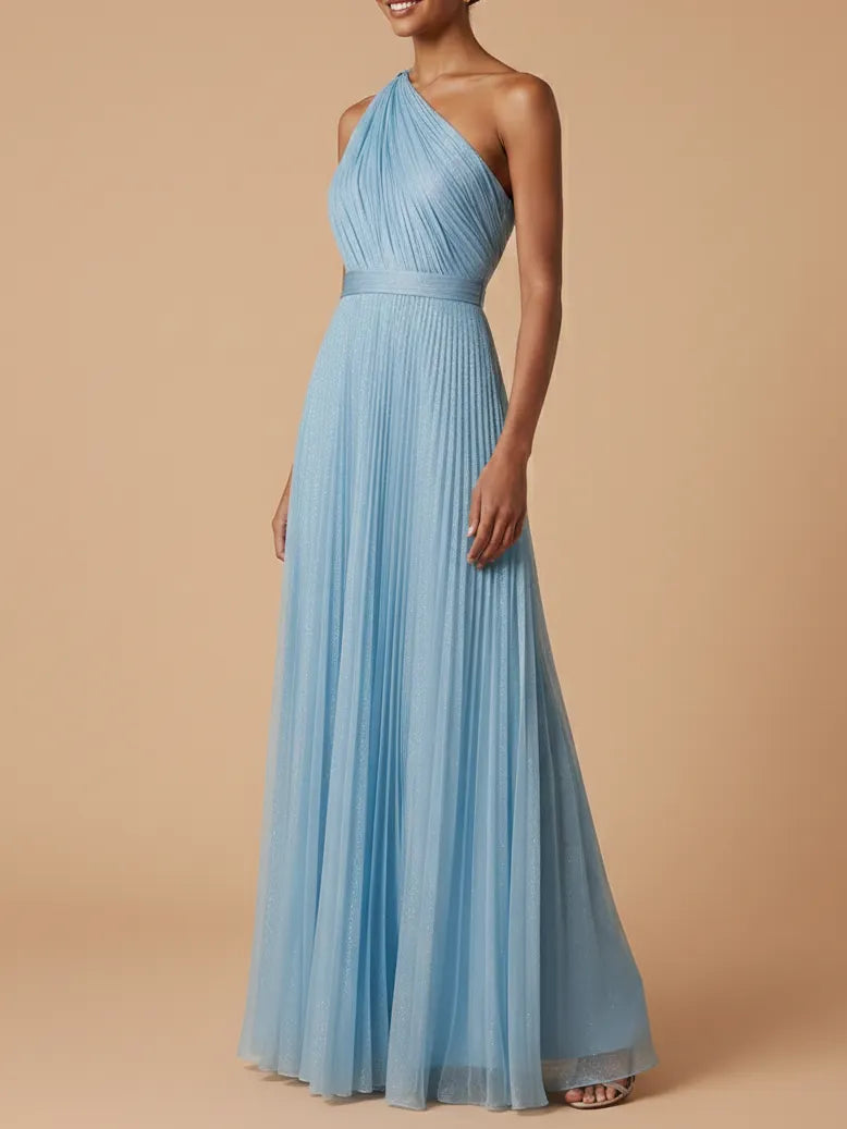 Light Blue Tulle One Shoulder Sleeveless A-Line Gown Dress
