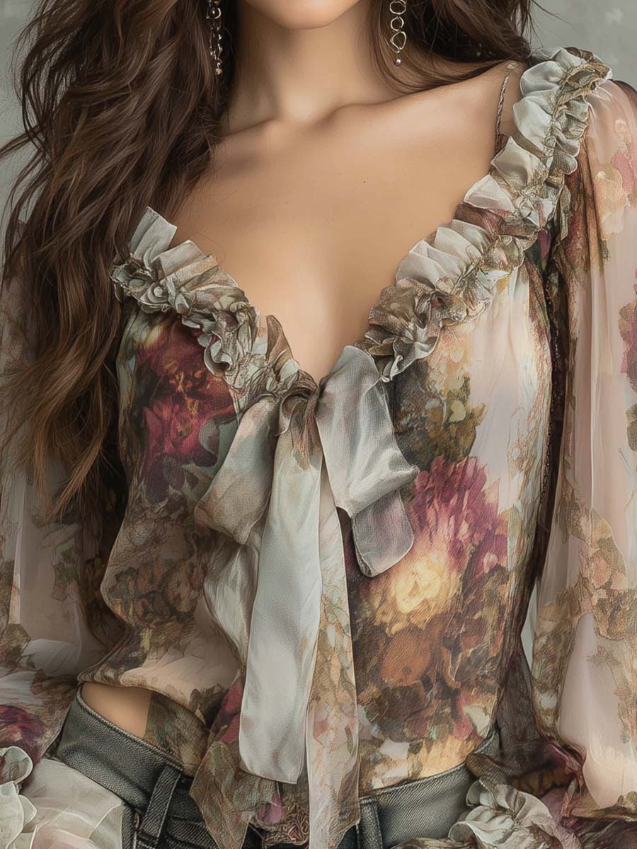 Boho Vintage Floral Tie-Front Chiffon Blouse