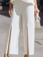 Asymmetric Draped Peplum Top Slit Wide-Leg Pants Set