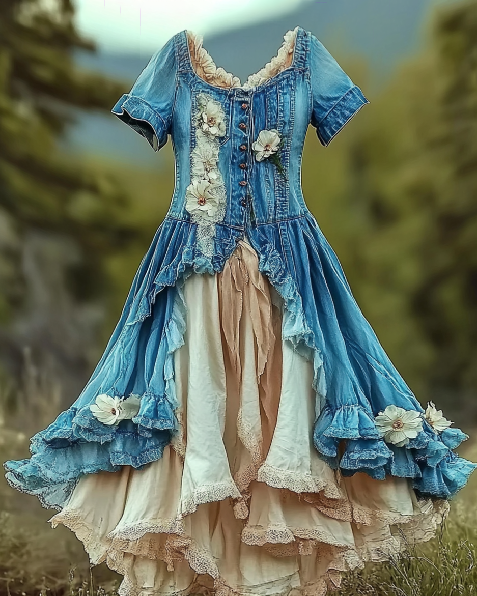 Summer Vacation Ruffle Lace Contrast Color Denim Dress  8fad