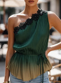 Elegant One-Shoulder Pleated Blouse with Lace Trim - Emerald Green