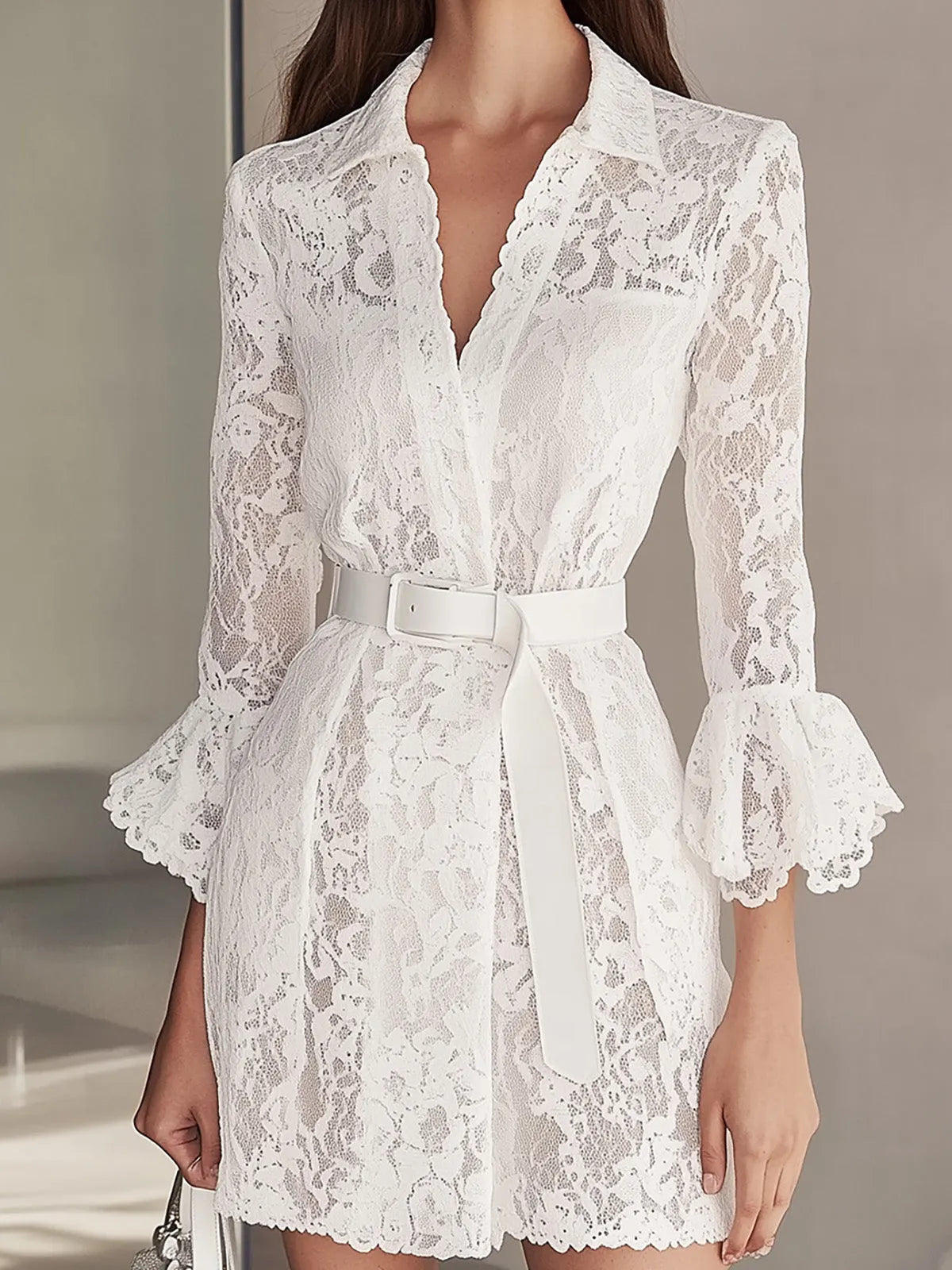 White Lace Shirtdress with Belt