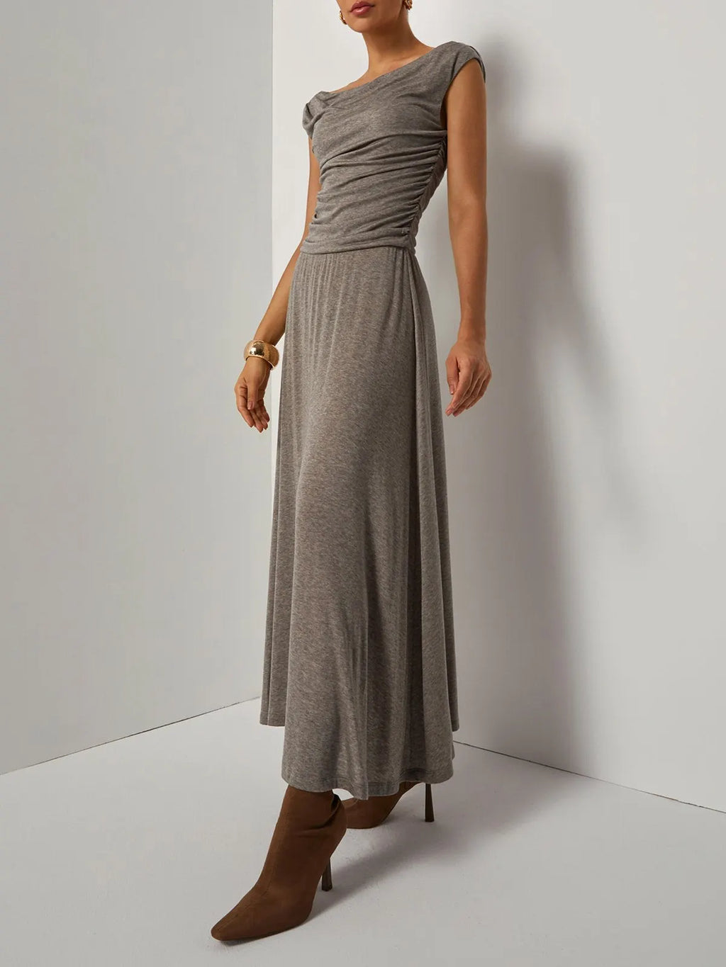 Khaki Lyocell Wool Ruched Knit Versatile One Shoulder/ Off-the-Shoulder Sleeveless A-Line Maxi Dress