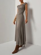 Khaki Lyocell Wool Ruched Knit Versatile One Shoulder/ Off-the-Shoulder Sleeveless A-Line Maxi Dress