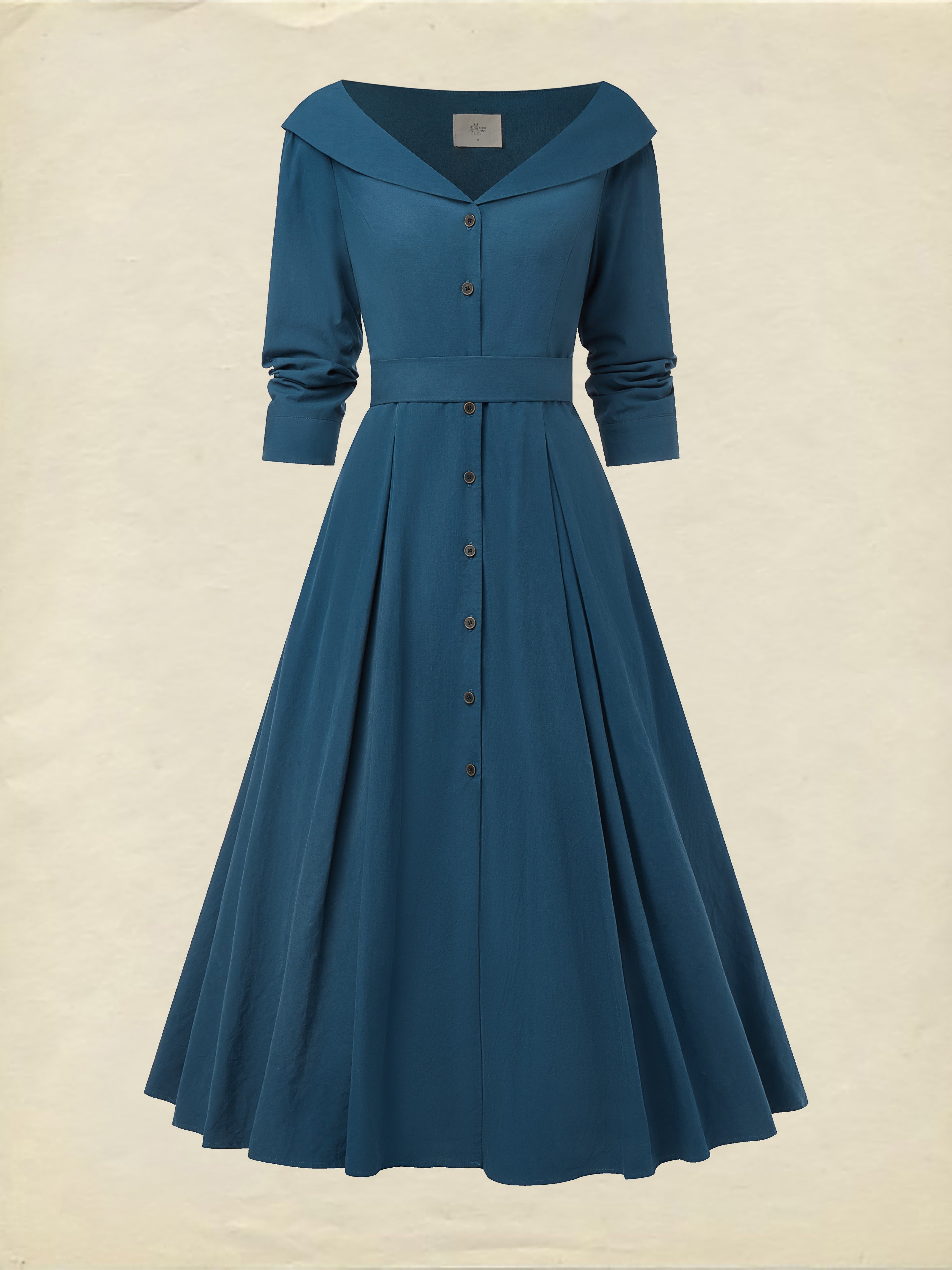 Midi Cotton Dress, Half Sleeve, V Neck, Plain, Button Design, French Vintage, Navyblue