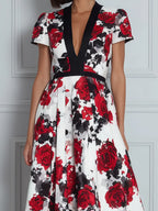 Deep V-Neck Contrast Trim Floral Print A-Line Midi Dress