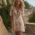 Women's Vintage Pink Floral Art Flowy Linen Blend Casual Short Sleeve Mini Dress