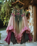 Summer ruffled cotton and linen patchwork contrast color skirt 9828