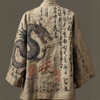 Japanese Gragon Calligraphy Art Embroidered Linen Kimono Cardigan