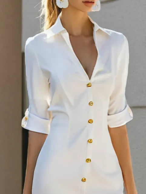 White Buckle Cotton Shirt Collar Short Sleeve Sheath Midi  Dress