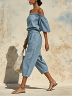 Off-the-Shoulder Denim Linen Blend Culotte Jumpsuit