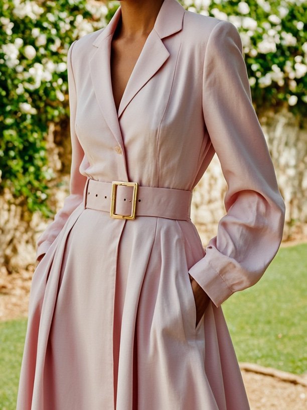 Maxi Cotton Dress, Long Sleeves, Lapel Collar, Plain, Belt Design, Vintage, Light Pink
