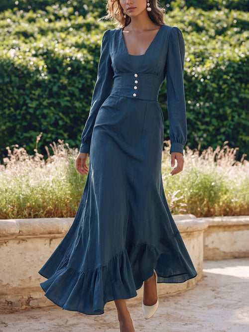 Maxi Cotton Dress, Long Sleeves, V Neck, Plain, Button Design, Vintage, Dark_blue