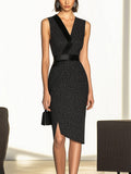 Black Polka Dot Sheath Dress with Satin Details and Side Slit