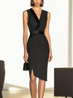 Black Polka Dot Sheath Dress with Satin Details and Side Slit