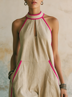 Neon Pink Trim Halter Neck Linen Jumpsuit | Relaxed Fit Wide Leg Vacation Overall