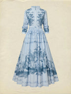 Maxi Cotton Dress, Long Sleeves, Stand Collar, Floral, Pocket Design, Vintage, Blue