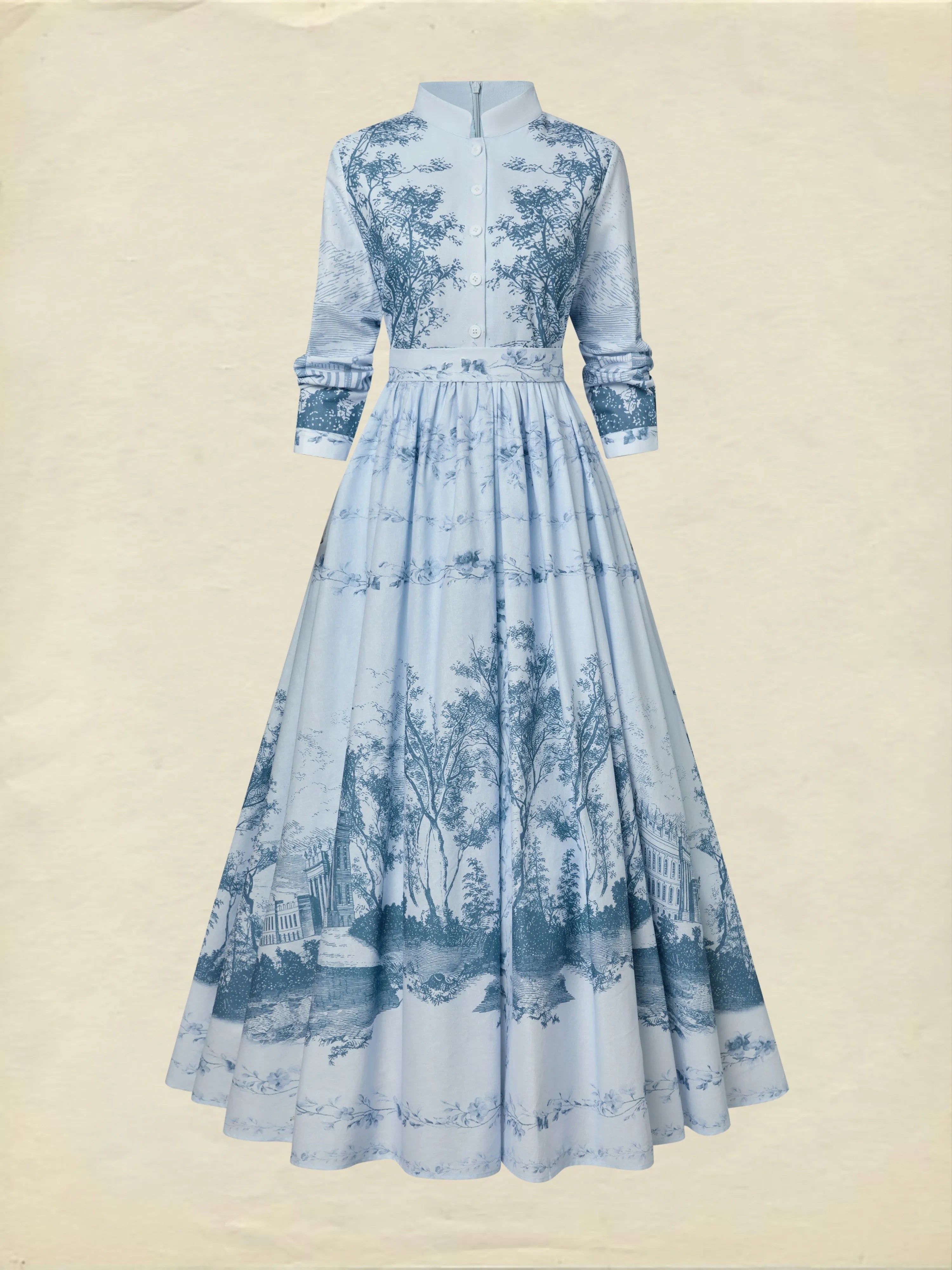 Maxi Cotton Dress, Long Sleeves, Stand Collar, Floral, Pocket Design, Vintage, Blue