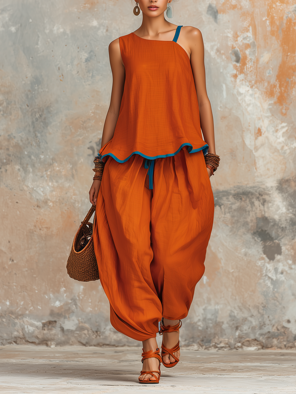 Burnt Orange Asymmetric Linen Two-Piece Set With Blue Trim