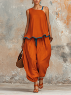 Burnt Orange Asymmetric Linen Two-Piece Set With Blue Trim