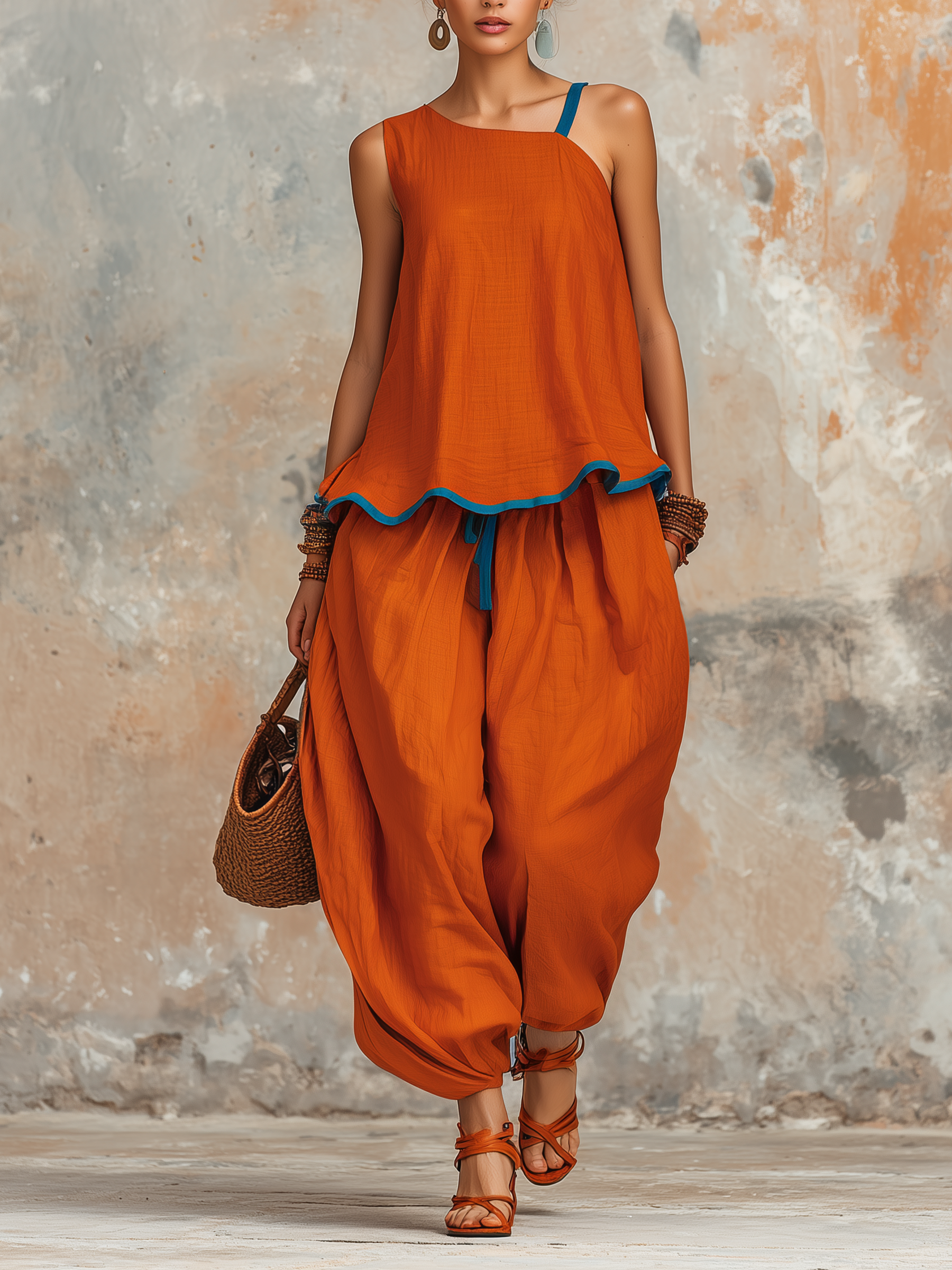Burnt Orange Asymmetric Linen Two-Piece Set With Blue Trim
