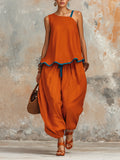 Burnt Orange Asymmetric Linen Two-Piece Set With Blue Trim
