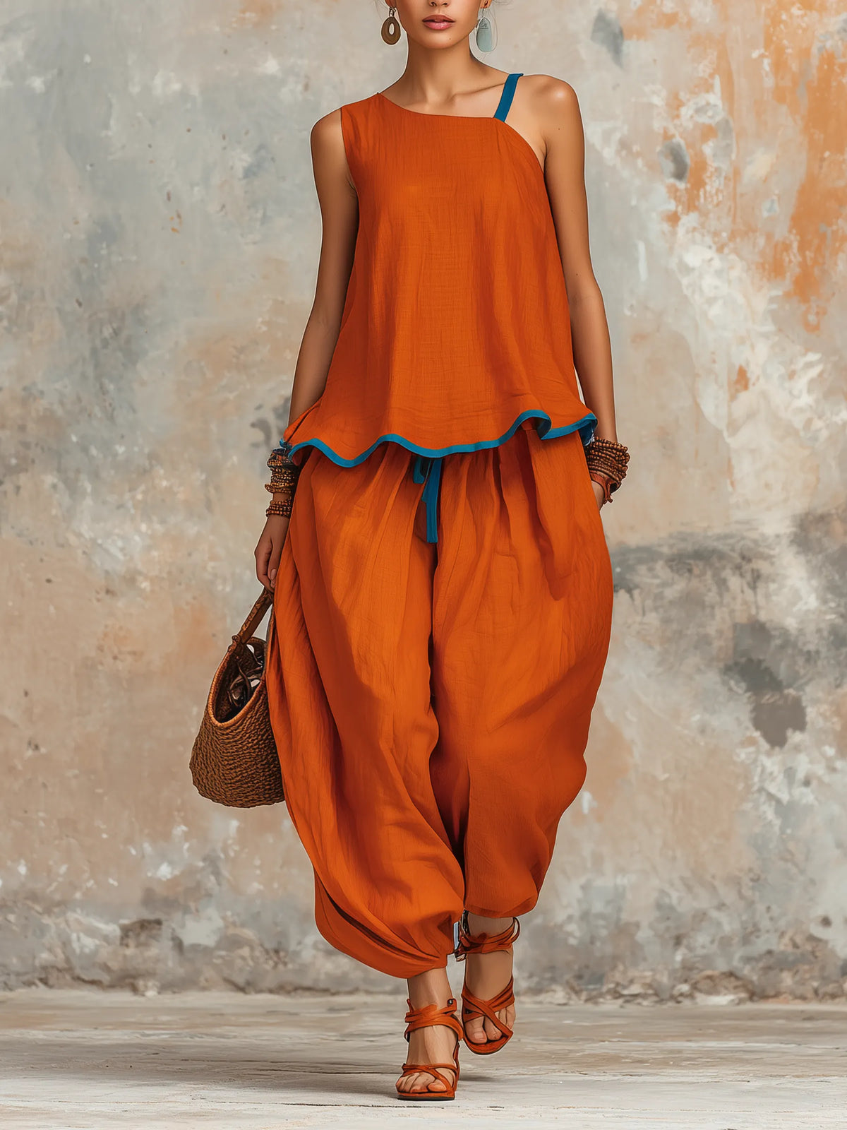 Burnt Orange Asymmetric Linen Two-Piece Set With Blue Trim