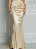 Champagne Lustrous Satin V‑Neck Maxi Evening Gown