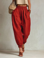 Beige Crop Top And Red High-Waisted Harem Pants Set