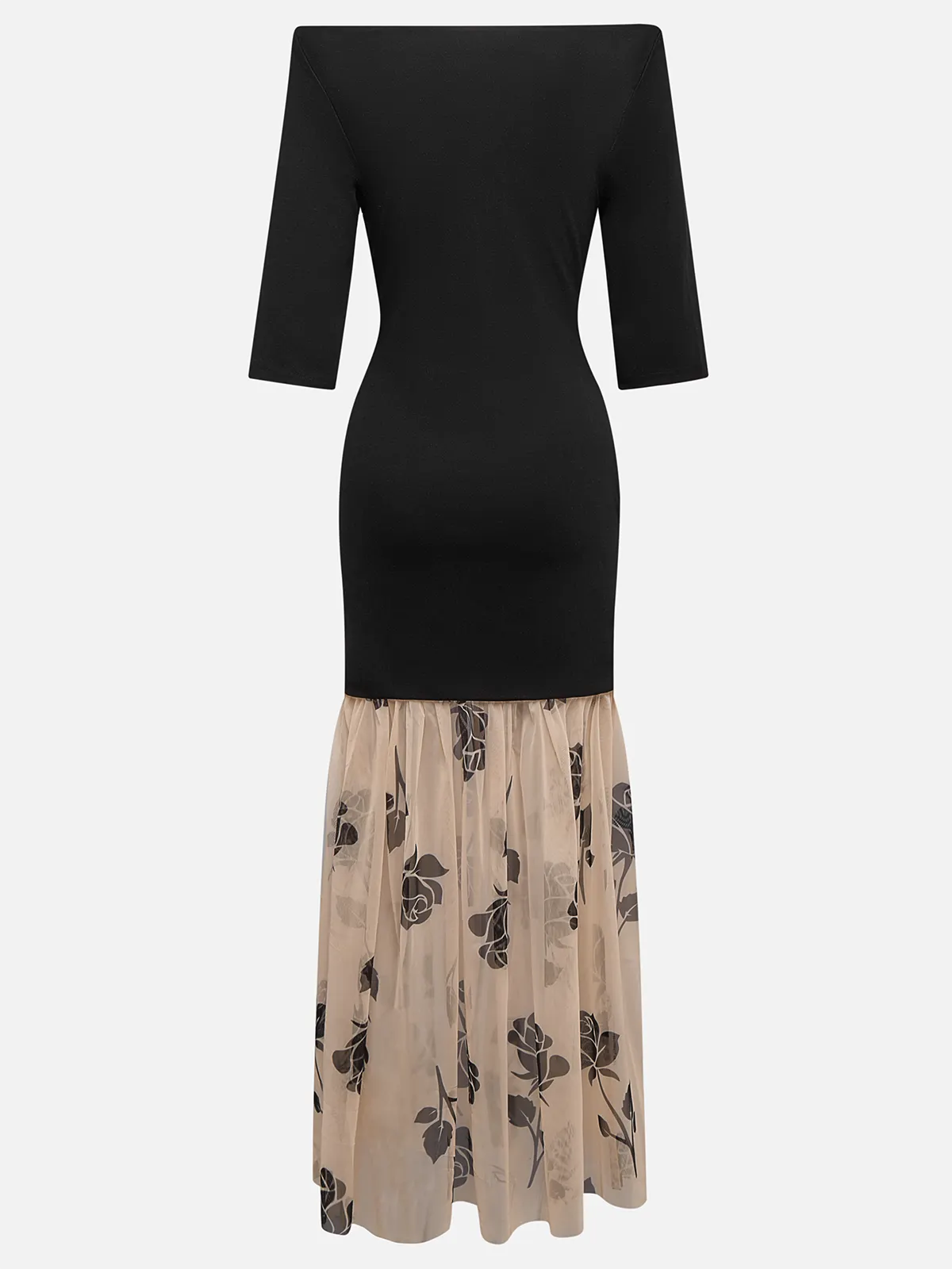 Black Floral Rose Knit Off The Shoulder Half Sleeve Mermaid Maxi Dress