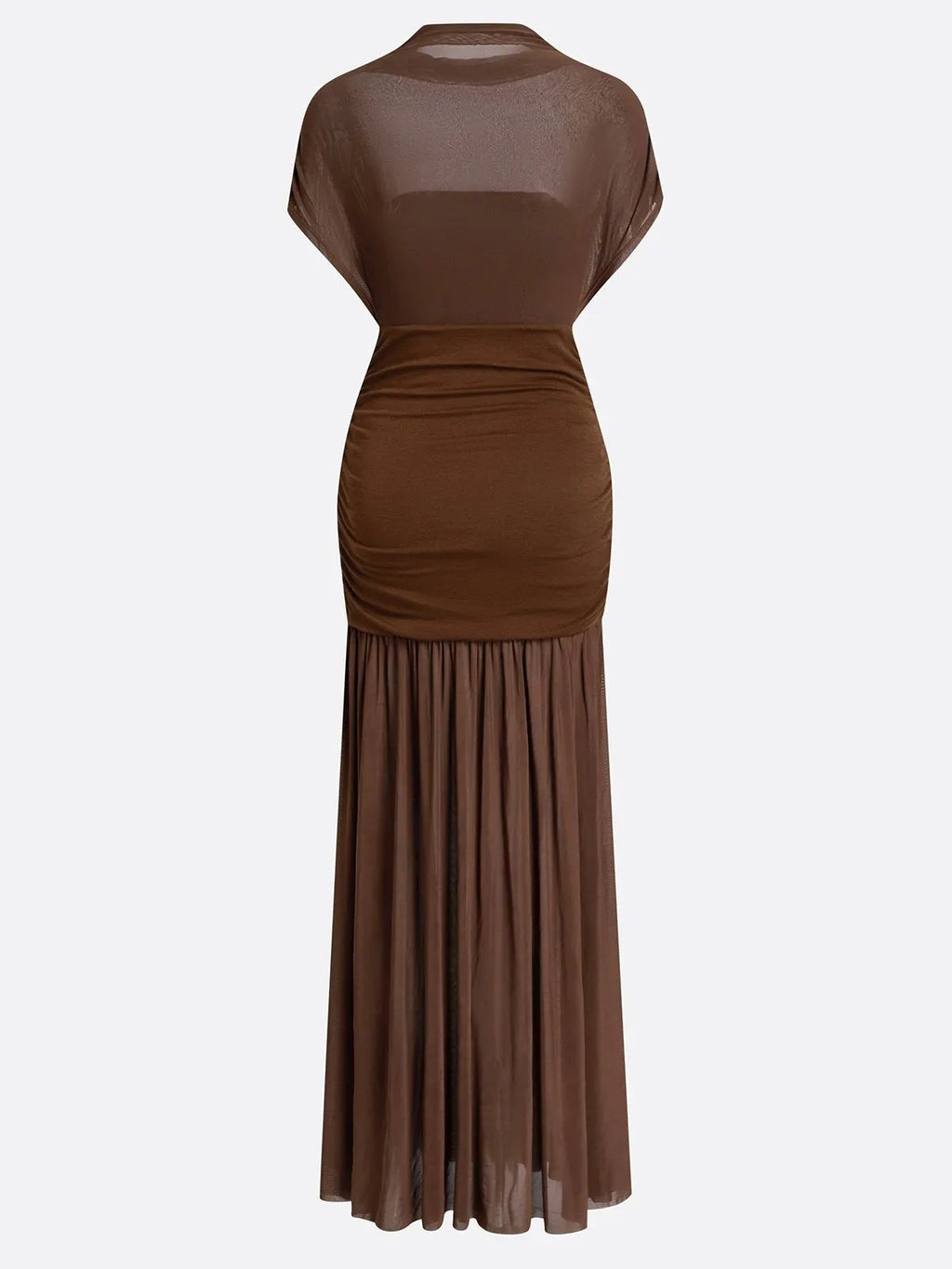 Brown Wool Lyocell Ruched Mesh Knit Mock Neck Sleeveless A-Line Maxi Dress