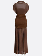 Brown Wool Lyocell Ruched Mesh Knit Mock Neck Sleeveless A-Line Maxi Dress