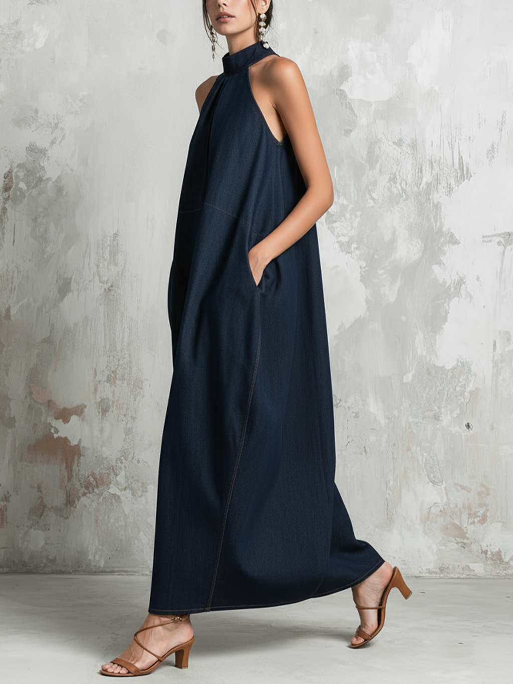 Dark Blue Denim Halter Neck Oversized Maxi Dress