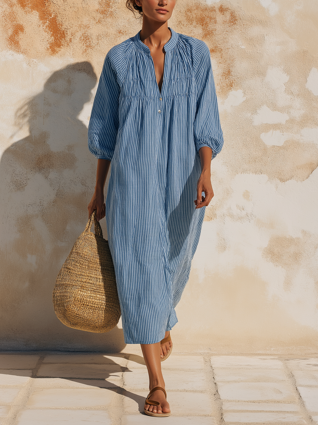 Blue & White Striped Linen Blend Midi Dress