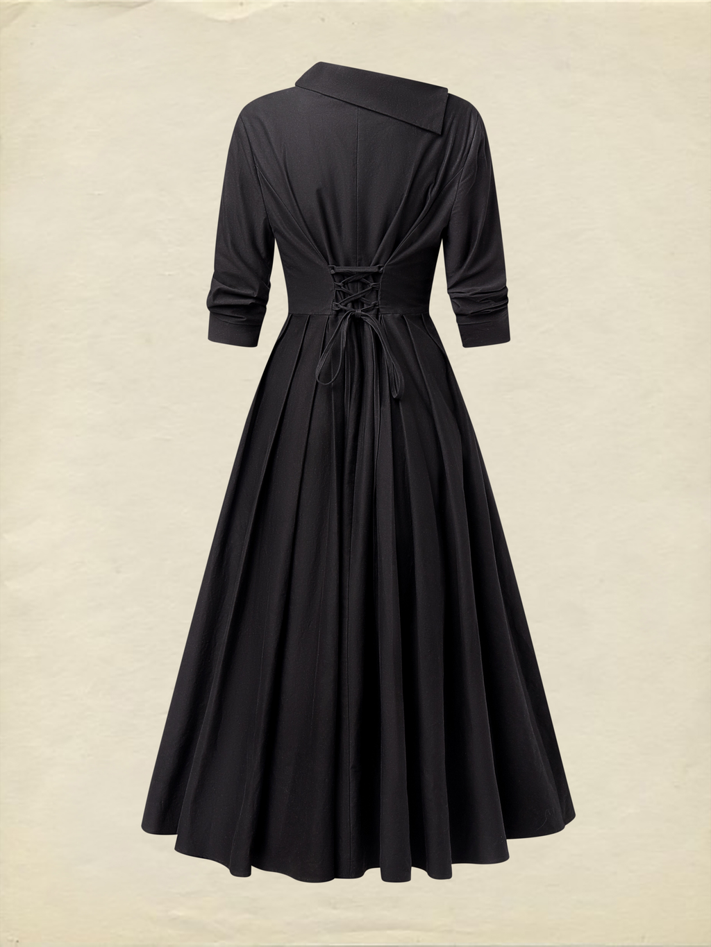 Midi Cotton Dress, Half Sleeve, Shawl Collar, Plain, Pocket Design, Vintage, Crimson
