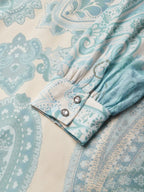 Light Blue Paisley Chiffon Crew Neck Long Sleeve Balloon Sleeve A-Line Maxi Dress With Pockets