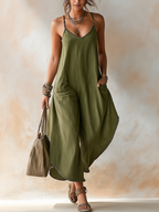 Olive Green Linen-Blend Contrast Stitch Wide-Leg Harem Jumpsuit