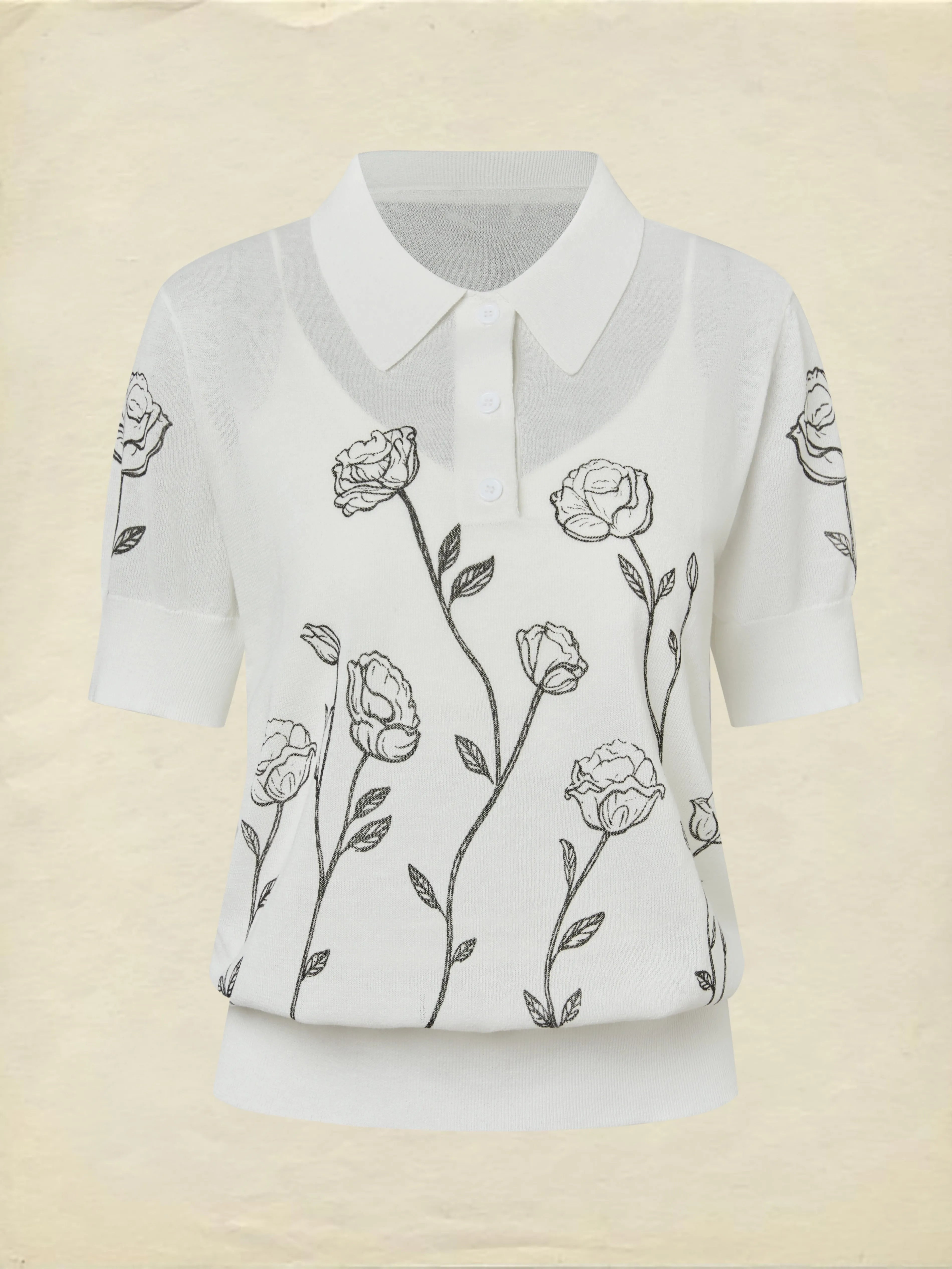 Sweater, Short Sleeves, Shawl Collar, Floral, Button Design, Inner Vest Not Included, White